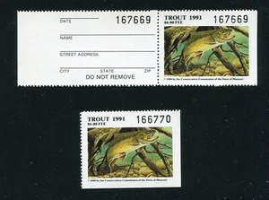 Missouri Trout Fishing License Stamps With and Without Tab MNH 1991 - Picture 1 of 2