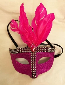Fancy Dress Eye Mask Deep Iridescent Pink w Pink Feathers Rhinestones Cos Play - Picture 1 of 5