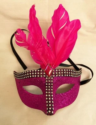 Fancy Dress Eye Mask Deep Iridescent Pink w Pink Feathers Rhinestones Cos Play - Image 1 of 4