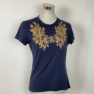 Roberto Cavalli T Shirt Short Sleeve Navy Gold Floral Rose Emblem Size Medium - Image 1 of 4