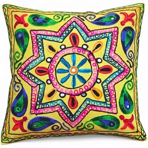 Handmade Indian Cushion Cover Star Design | Embroidered Boho Pillow 16"x16" - Picture 1 of 5