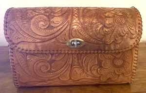 Vintage Mexican Hand Tooled Leather Purse Shoulder Bag Handbag Brown (READ) - Picture 1 of 13