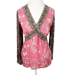 Vintage ECI Pink Print Beaded Top V-Neck 100% Silk Peasant Boho Y2K Size M - Picture 1 of 11