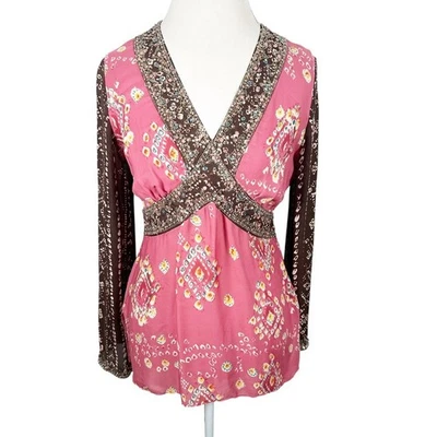 Vintage ECI Pink Print Beaded Top V-Neck 100% Silk Peasant Boho Y2K Size M - Image 1 of 4