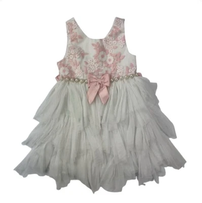 Vestido Princesa Americana Niña 4T Blanco Rosa Floral Tul Perla Lazo Fiesta Foto 1 de 4