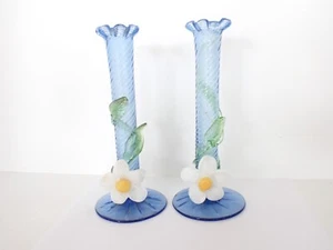 Antique Victorian Pair Glass Candle Sticks W/ Applied Flower & Leaves Vintage - Picture 1 of 6