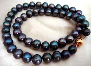 18"9-10mm natural south sea genuine black blue round pearl necklace 2002AAA - Picture 1 of 1