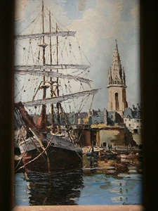 Peinture Huile sur panneau Marine décor Port St Malo Bateau 3 mats Océan - Bild 1 von 10