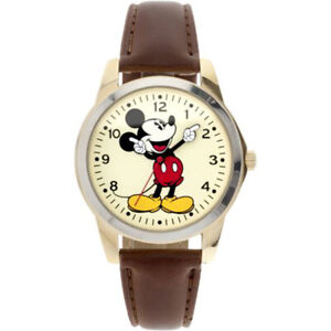New Disney Classic Mickey Mouse Pointing Hands Brown Strap Watch In Box