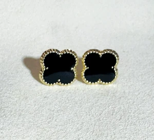 Massive Ohrringe 14 Karat Gelbgold schwarze Emaille Blume 10 mm mit Schraubverschlüssen - Bild 1 von 4
