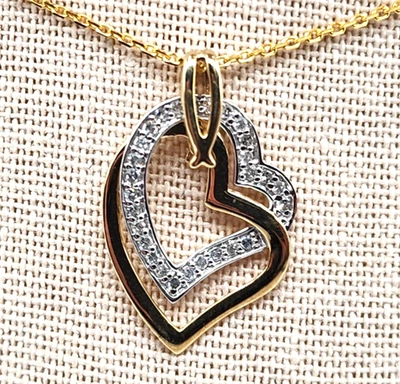 10K Yellow and White Gold With Diamonds -  Double Heart Pendant wChain - Image 1 of 4