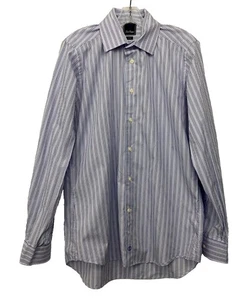 David Donahue Trim Fit Shirt Sz 16 34/35 White Blue Purple Striped Button Down A - Picture 1 of 8