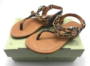 Sarah Jayne Girl's Shore T-Strap Jeweled Kid's Sandal, Taupe Brown, 6 M Toddler - Picture 1 of 7
