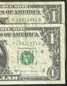 (MATCHING PAIR!) $1 Rare Binary Radar Repeater Pair Fancy Serial Number 19911991 - Picture 1 of 7