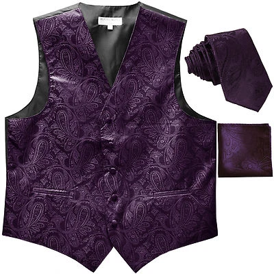 New Men's Formal Vest Tuxedo Waistcoat_2.5" necktie set paisley prom Dark Purple - Image 1 of 4