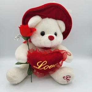 I LOVE YOU 12" White Plush Bear Red Hat Rose Valentine - Song and Lights READ - Picture 1 of 8