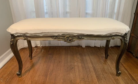 Antique French Louis XV long upholstered gilt end-of-bed bench local p/u Chicago Cover