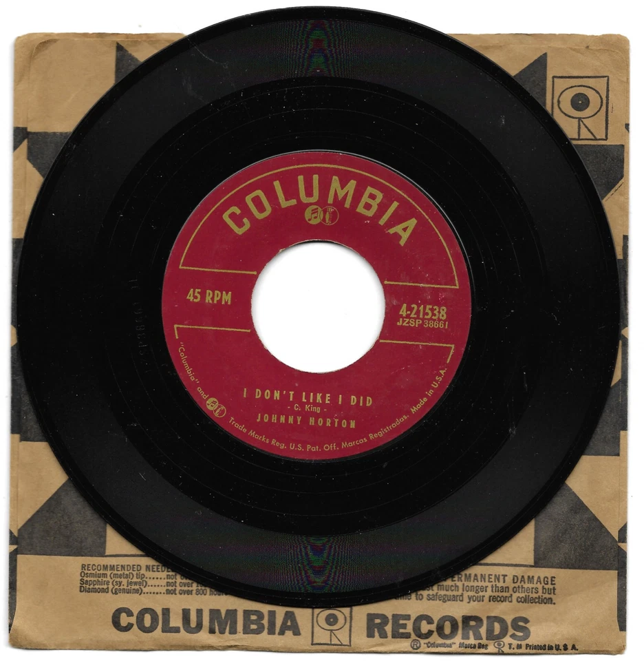 JOHNNY HORTON-COLUMBIA 21538 ROCKABILLY 45 RPM I DON'T LIKE I DID VG+PLAYS GREAT - Image 1 of 1