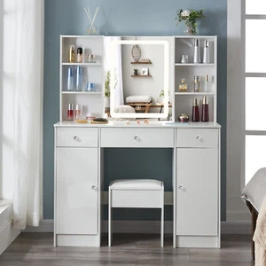 3 Color Lighted Vanity Set Makeup Dressing Table with Led Mirror Dresser Cabinet - Picture 1 of 10