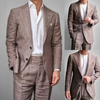 Traje de lino marrón transpirable para hombre chaqueta de solapa de muesca de un solo pecho informal Foto 1 de 4