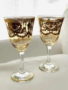 J Preziosi Lavorato A Mano Italy Wine Goblets Gold Trim Vintage Set Of 2 - Picture 1 of 7