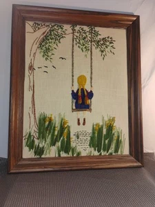 š„Vintage Crewell Embroidered Folk Art Framed girl On A Tree Swing  17 X 21 in - Picture 1 of 22