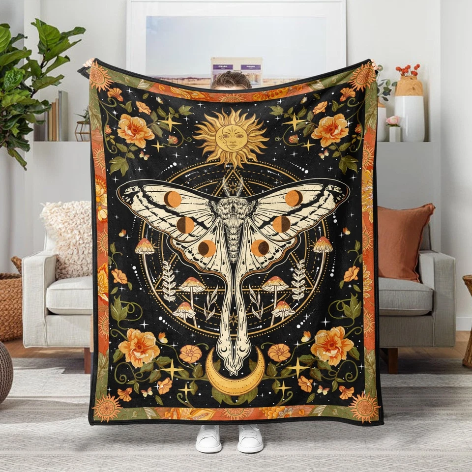 Orange Moth Throw Blanket, Retro Boho Flower Butterfly Sun Moon Star Aestheti... - Image 1 of 4