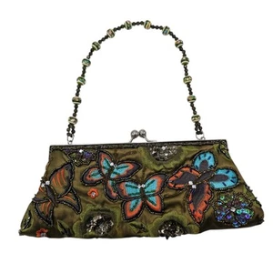 Beaded Handbag Purse Butterfly Flower Design Evening Bag Metal Snap Closure - Picture 1 of 9