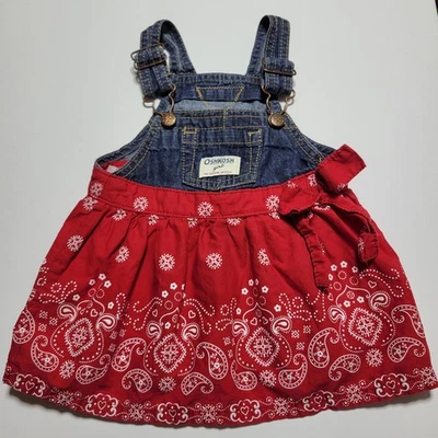 Oshkosh Denim Babero Vestido Rojo Bandana Falda Niñas Bebé 9 Meses Vaquera Foto 1 de 3