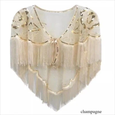 Women Flower Sequin Shawl Cape Lace Up Tassel Sheer Wrap Evening Dress Cape - Image 1 of 4