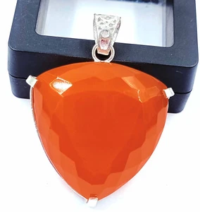 Lab Created 165 Ct Orange Opal Trillion Cut Pendant With Free Silver Chain KKQ - Picture 1 of 9