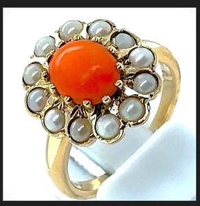 18K 750 Gold Ring Perlen Maritim rot RG 55 Cocktailring Damen Geschenk Art Deco - Picture 1 of 24
