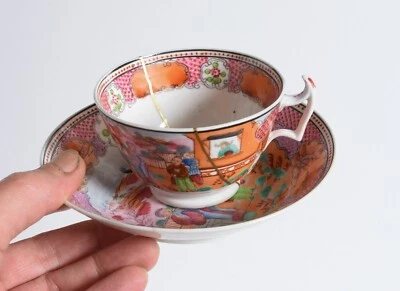 Antique Teacup Saucer New Hall 1812-25 Pattern #425 Boy in the Window. Kintsugi. - Image 1 of 4