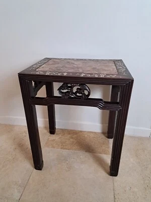 Chine du Sud , Sellette en bois naturel , Nacre et Marbre , Vers 1900 . - Photo 1/4