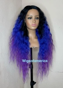 Blue Purple WIG Ombré Black 26 Inches Long Middle Part Heat Ok - Picture 1 of 9