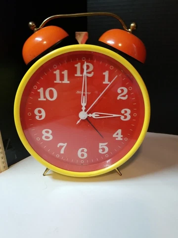 BIG Vintage WIND Up Alarm Clock Orange Yellow Blessing West Germany MCM Cover