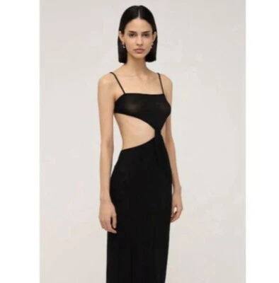 NWT WE WORE WHAT M Black Knit Knot Midi Dress Slinky Sexy Cut Out Coquette Sheer - Image 1 of 4