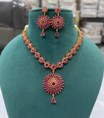 Pink Ruby with Green Flower Antique Design South Indian Wedding Fashion Jewelry - Image 1 of 2