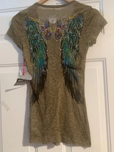 T-shirt donna In Vein ali di angelo ulivo aderente con strass trasparente - S - Foto 1 di 4