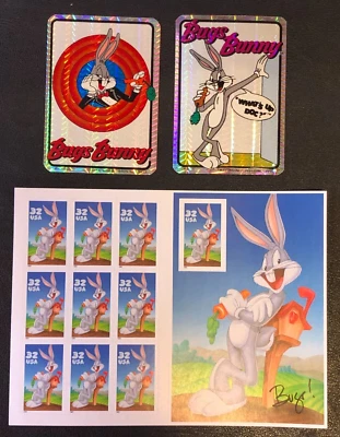 Bugs Bunny 32¢ Stamp 10ct Sheet U.S. Postage & 2x Bugs Bunny Hologram Stickers - Image 1 of 4