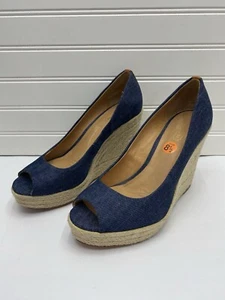 COACH Milian Denim Wedge Open Peep Toe Shoes Blue Sz 8.5 B - Picture 1 of 14