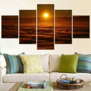 Sunset Above The Clouds Mountain Sunrise 5 Piece Panel Canvas Wall Art Decor - Picture 1 of 3
