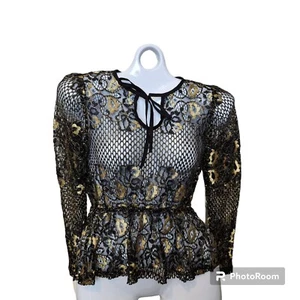 Misguided Dark Witchy Fairy Goth Black & Metallic Gold Lace/Mesh Top XS - Picture 1 of 13
