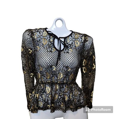 Misguided Dark Witchy Fairy Goth Black & Metallic Gold Lace/Mesh Top  XS - Imagem 1 de 4