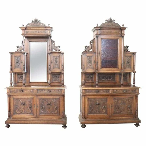 19th Century Italian Renaissance Style Walnut Carved Sideboard, Set of 2 Cover