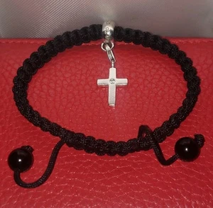 Pulsera Thomas Sabo Obsidiana Negra y Dije Cruz Plata de Ley GENUINA - Imagen 1 de 10