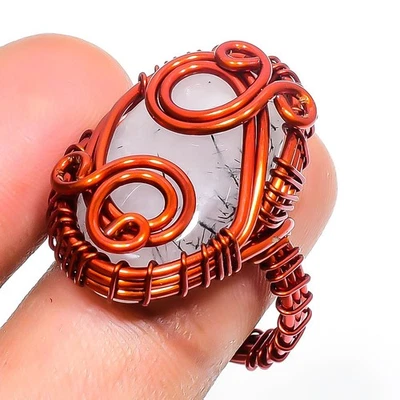 Кольцо из черной рутила с драгоценными камнями и медью проволочная пленка ручной работы удивительное ювелирное изделие 7 дюймов - Изображение 1 из 4