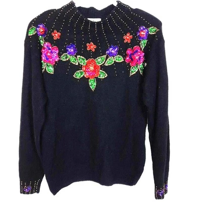 Suéter de Lana de Cordero de Seda Tachonado con Cuentas Lentejuelas Florales Años 90 Talla M Negro Colorido Foto 1 de 4