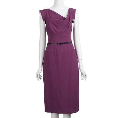 BLACK HALO Classic Jackie-O Dress 6 Purple Draped Neckline Belted Sheath #203056 - Image 1 of 4