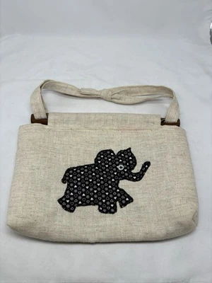 Bolso de Mano de Lino Grueso de Inspiración Vintage con Apliques de Elefante y Asas de Madera Foto 1 de 4